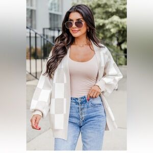 Trying Your Best Beige Checkered Cardigan.  Size Large.